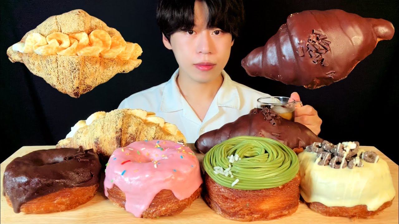 SUB)페이스트리 크로넛 & 크루아상 먹방 asmr 페이스트리 위에 예쁘게 올라간 각종 초콜렛! Pastry Donuts & Croissant MUKBNAG