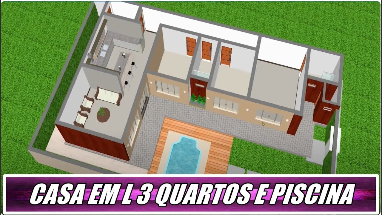 PROJETO 3D PARA CASA EM L COM PISCINA
