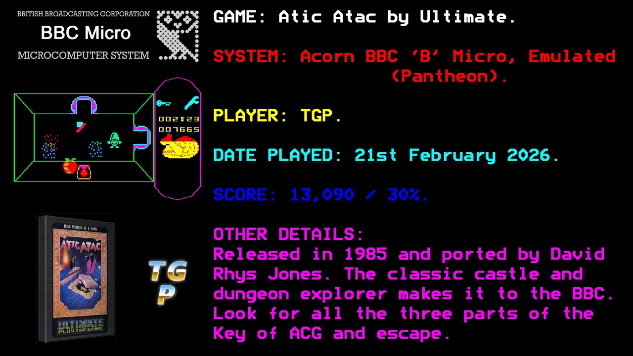 Atic Atac - Ultimate - BBC Micro - Emulated (Pantheon) - 13,090 points / 30 percent.