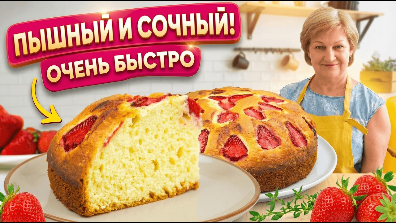 Воздушный Летний  Пирог с Клубникой на скорую руку! Тесто на сметане как пух!