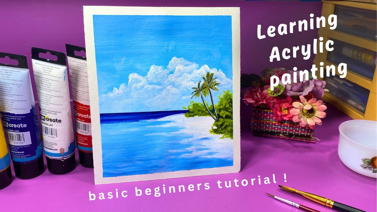 Easy Beach Painting Tutorial for Beginners || Relaxing Ocean & Cloud Art