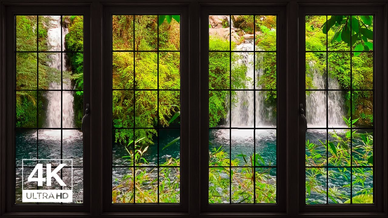 4K waterfall in the Jungle open window view - Relaxing, Calming, Ambience, white noise