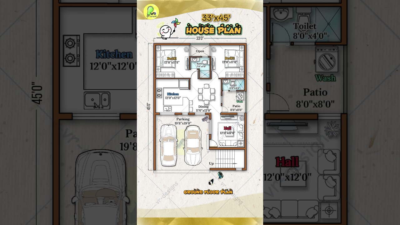 33'&times; 45' House Plan with 2 Car Parking, 2BHK, Open Wash, 40*50 house design, 30 by 50 home plan