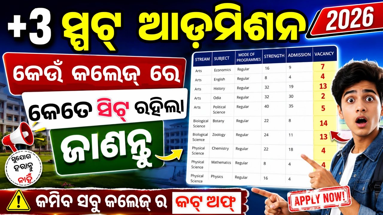 +3 Spot Admission Seat Vacancy 2026 Odisha | College Wise Vacant Seats | SAMS +3 Spot Admission 2026