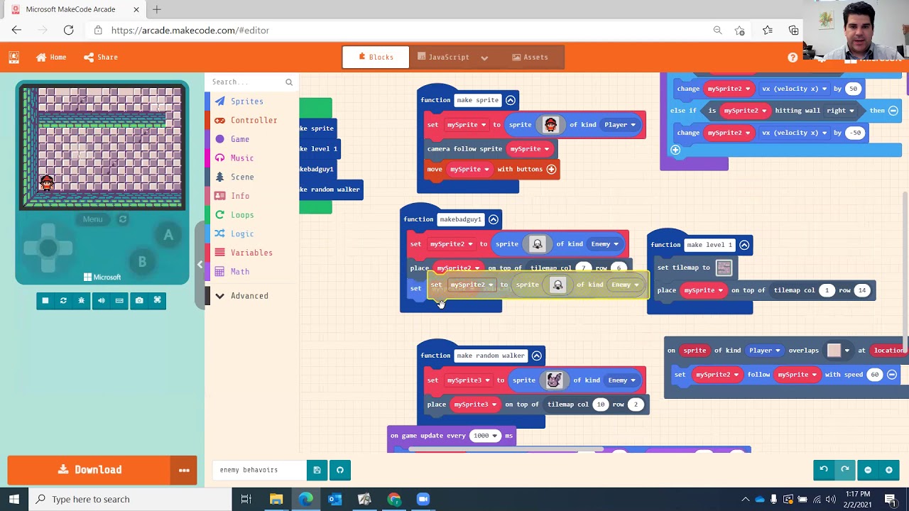 MakeCode Arcade: AI Behaviors, Patrolling and Chasing enemies, Random movement of enemies