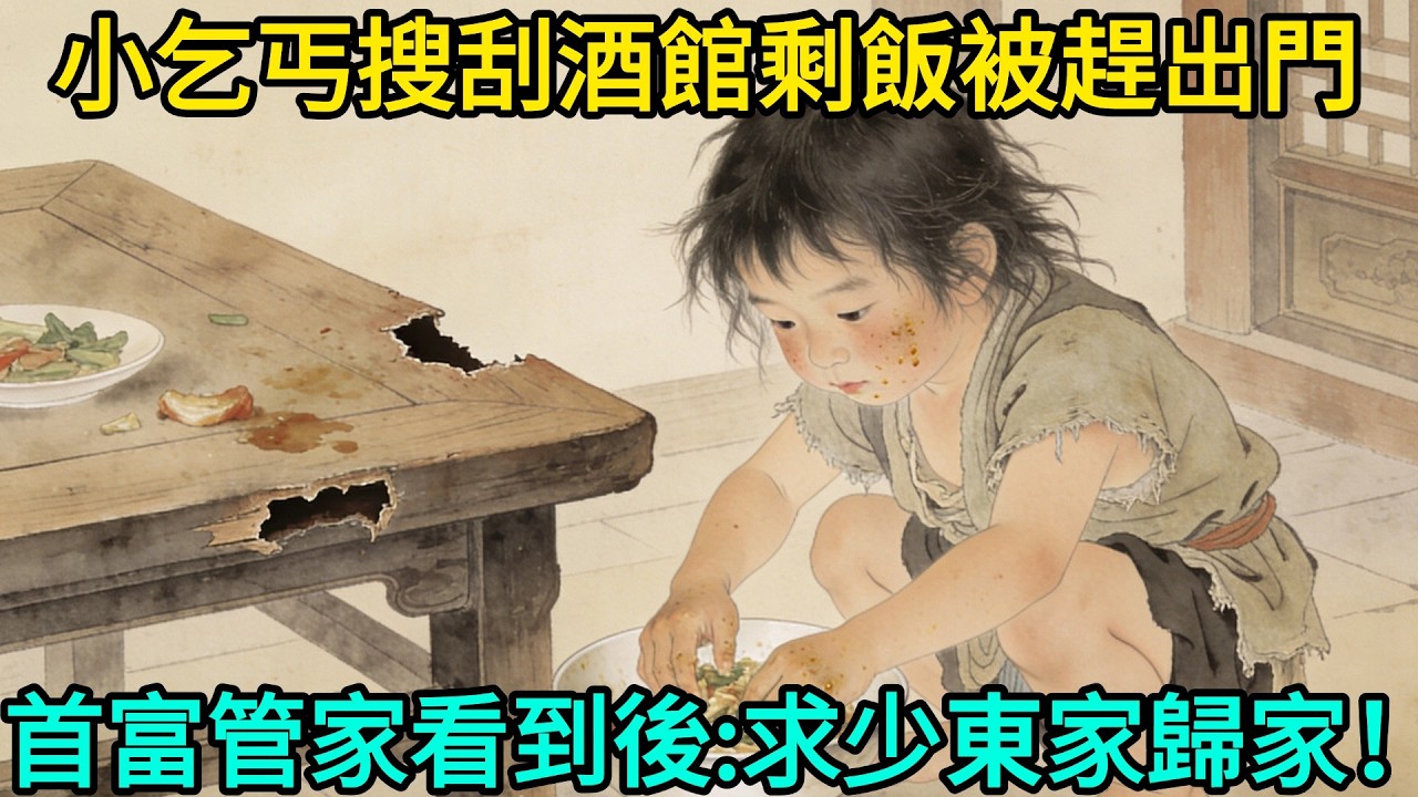 小乞丐趁客人吃完飯趕緊搜刮剩菜剩飯，反被店小二轟打出門，正好碰到首富的管家，看到乞丐後立馬跪地：「求少東家歸家！」#民間故事 #故事頻道 #感人故事 #情感