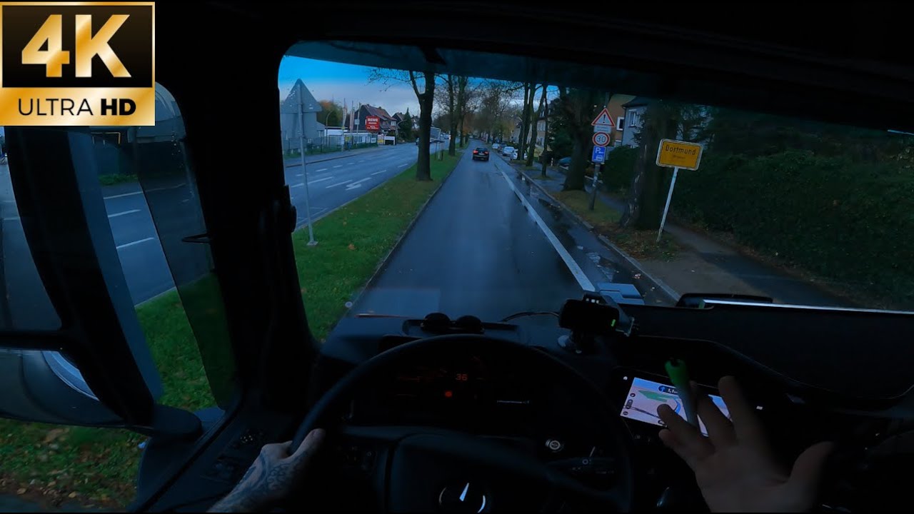 POV Truck Driving Trip to Dortmund City Germany + Unloading with Crane.