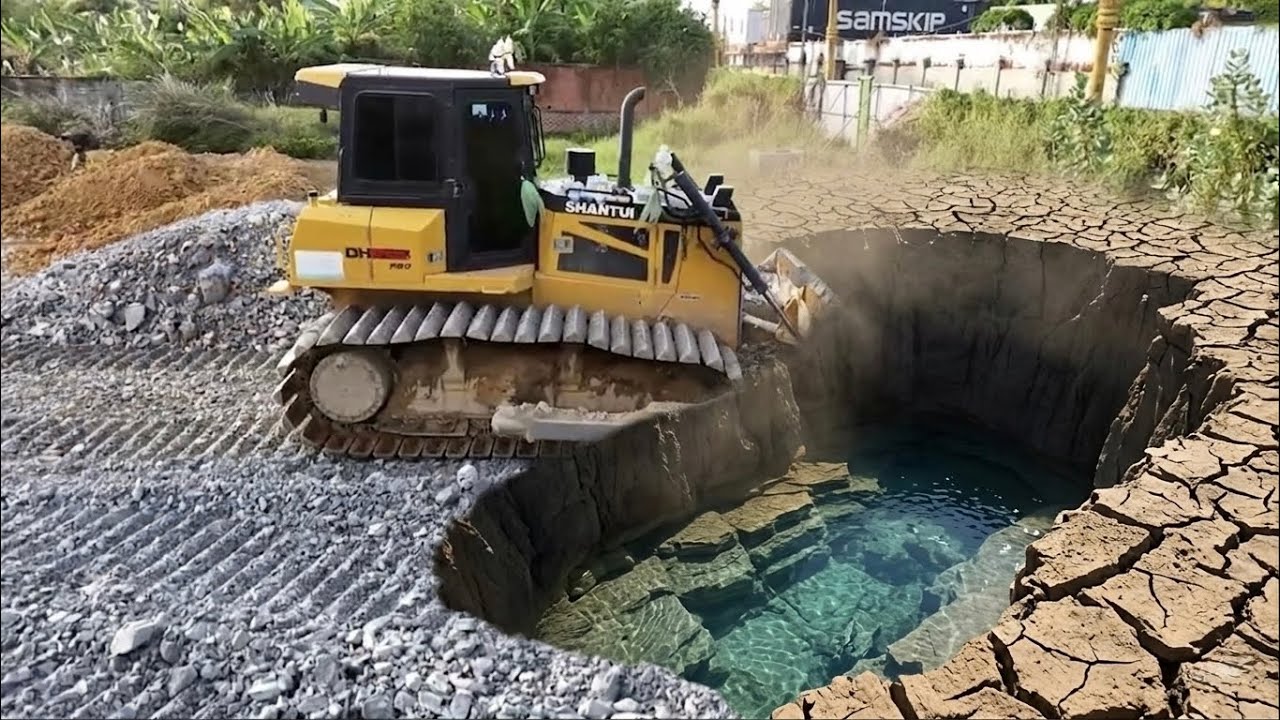 New Landfill Task!! HUGE SIZE BY DUMP TRUCK 25Ton & DOZER SHANTUI PUSHING STONE INTO BIG POND 