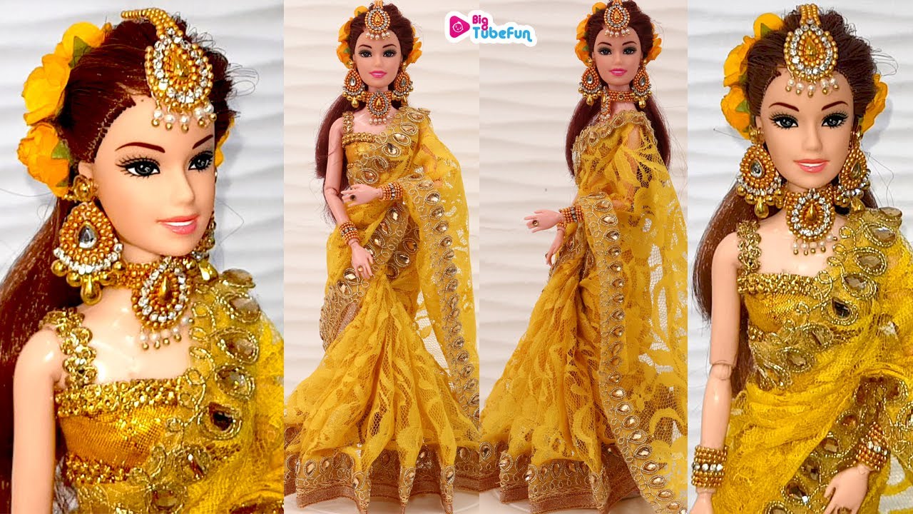 How to Make & Drape Yellow Net Designer Saree to Barbie/ Barbie Doll Saree Draping