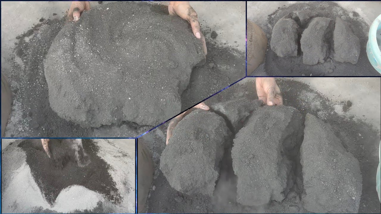 Full Tub of pure charcoal crumbling on floor mixing pure black cement asmr