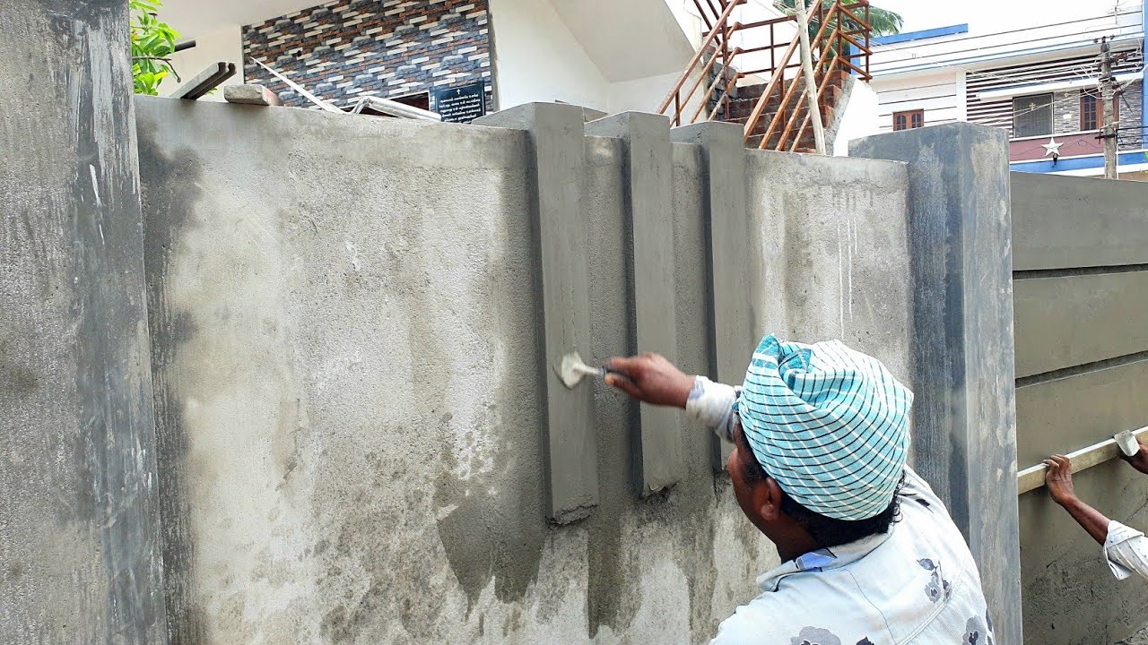 Plastering Front Wall Design_Compound Wall Front Elevation Border Plastering with Cement mixer