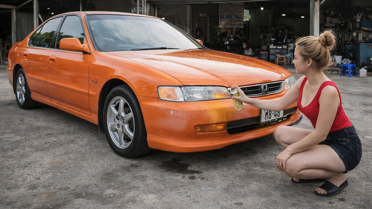 The girl repaired and restored the interior of the Honda car and spray-painted the entire vehicle
