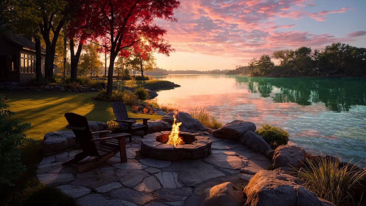 Peaceful Morning at a Lakeside Cabin with Fire Pit | Calm Water and Soft Nature Sounds