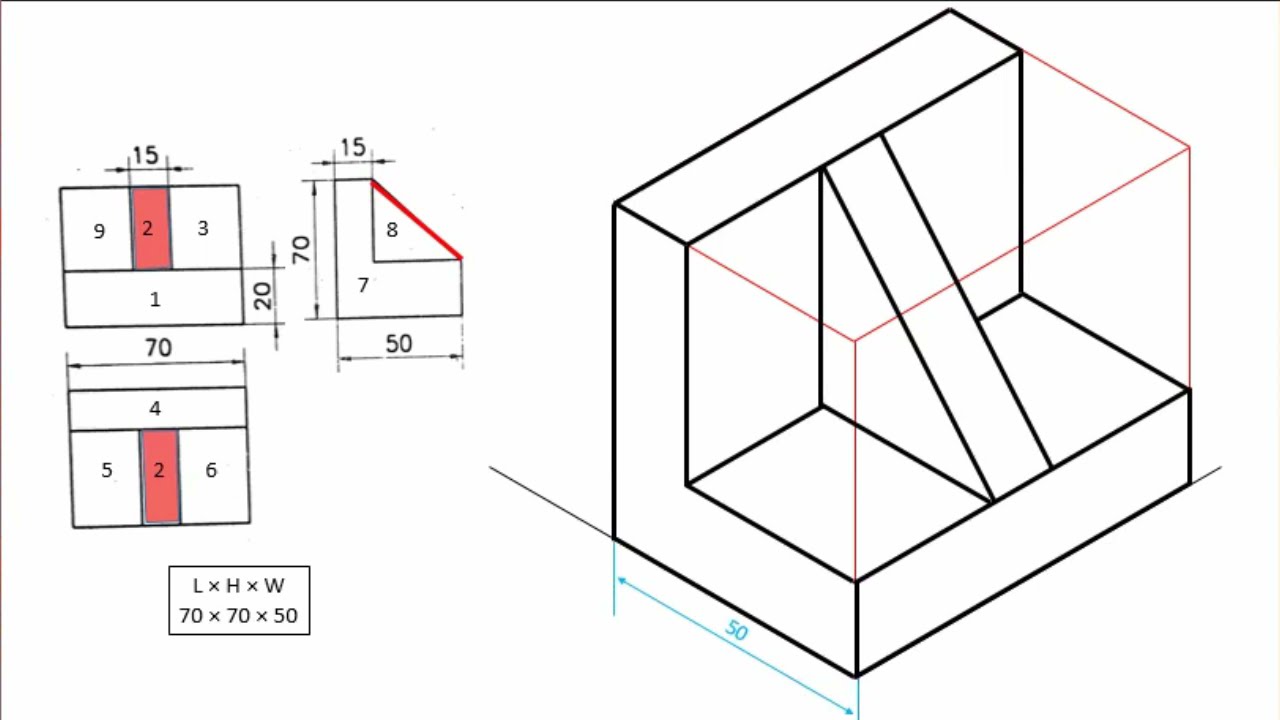 How to draw Isometric View of Engineering Objects from Orthographic Projections | Angle Block