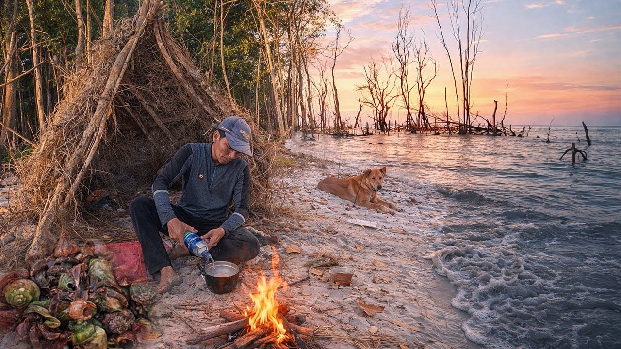 EXTREME SURVIVAL ON THE ISLAND | DIY SHELTER, FISHING, WATCHING SUNSET & COOK ON THE BEACH EP3