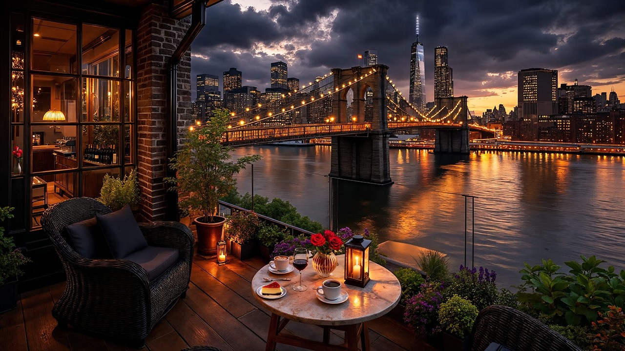 Romantic New York Night Jazz ☕ Brooklyn Bridge Café Ambience & Smooth Jazz Music for Focus & Work
