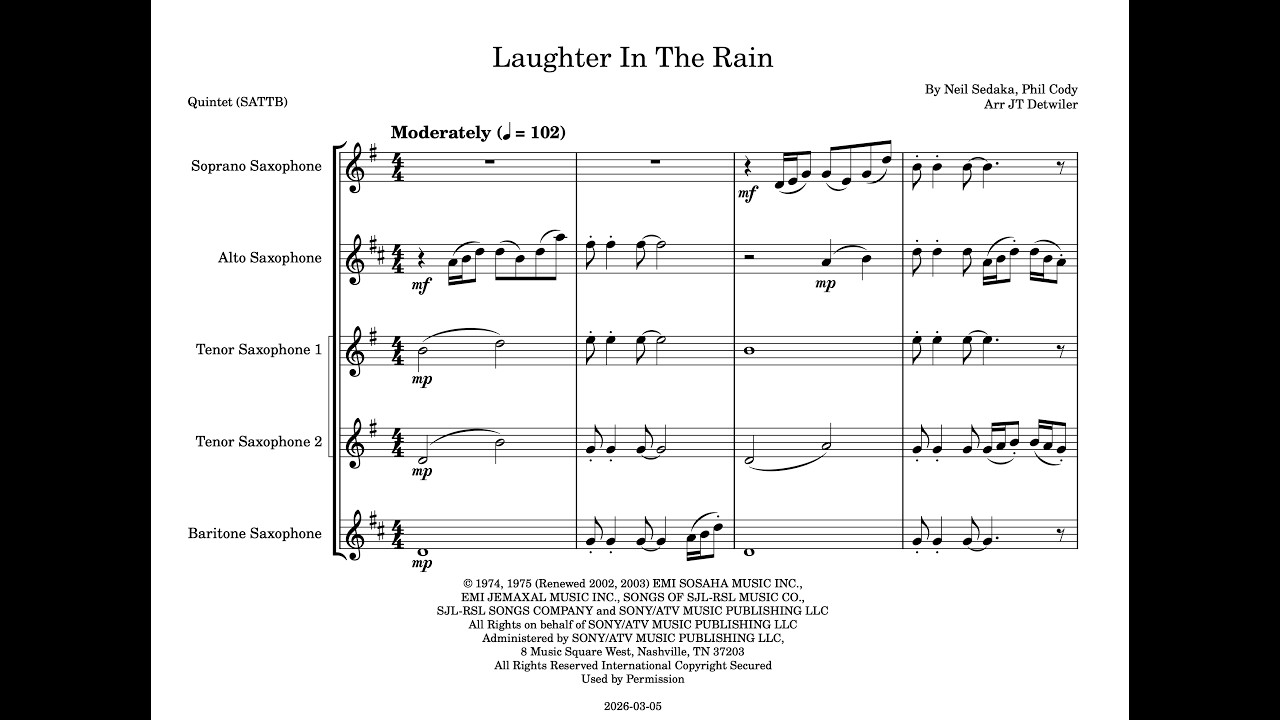 Laughter In The Rain (Neil Sedaka) for Saxophone Sextet (SAATTB)