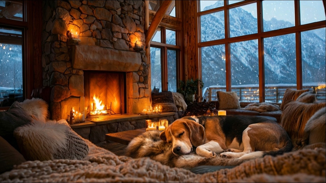 Beagle Sleeping by the Fireplace 🔥 Soft Jazz for Study & Sleep — Cozy Cabin LIVE