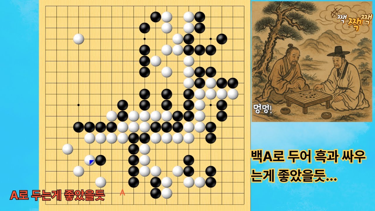 타이젬 1급 대국. 백이 A로 두어 하변 흑과 전투를 하는게 좋았을 듯 합니다.#취미생활 #사활문제 #무료바둑 #치매예방
