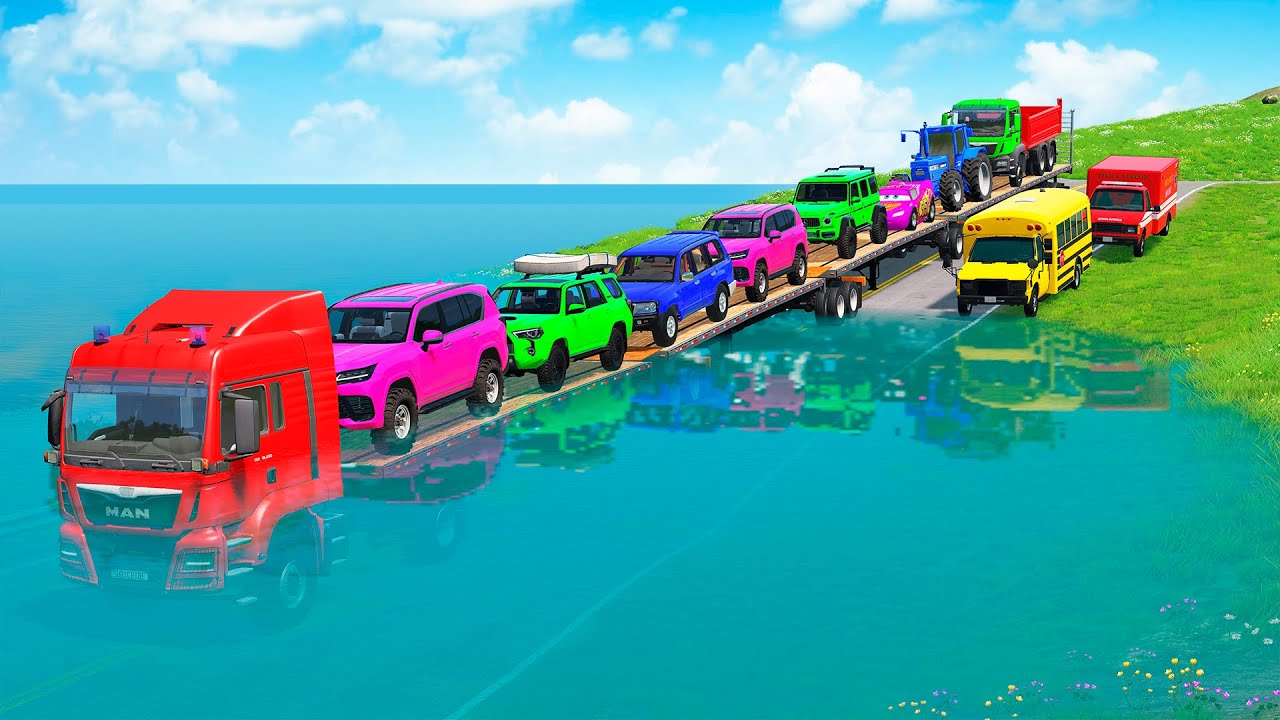 Triple Flatbed Trailer McQueen Transportation with Truck - Speedbumps vs Cars vs Train - BeamNG #23
