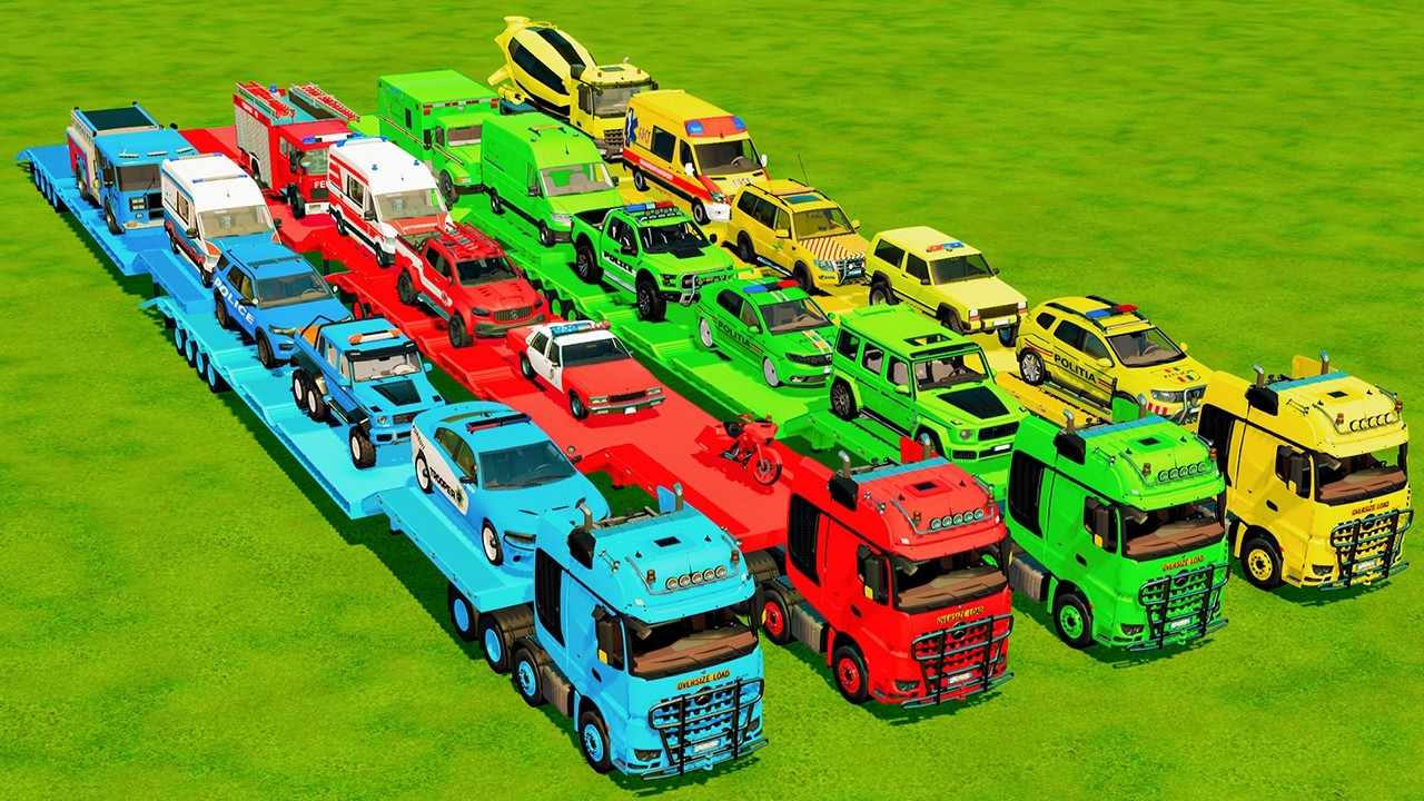 TRANSPORTING POLICE CARS, AMBULANCE, FIRE TRUCK, COLORFUL CARS WITH TRUCK -FARMING SIMULATOR 22!