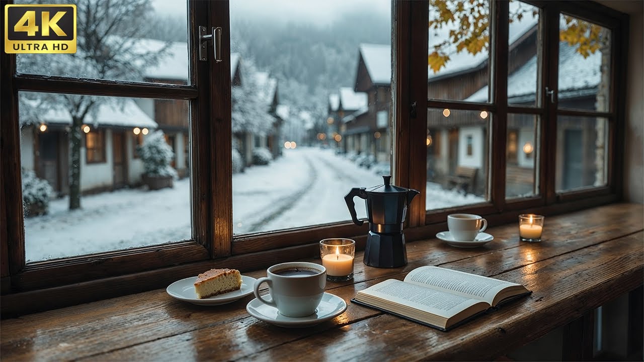 Warm Winter Coffee Shop ❄️ Cozy Jazz Music & Gentle Snowfall for Relaxing, Focus & Stress Relief