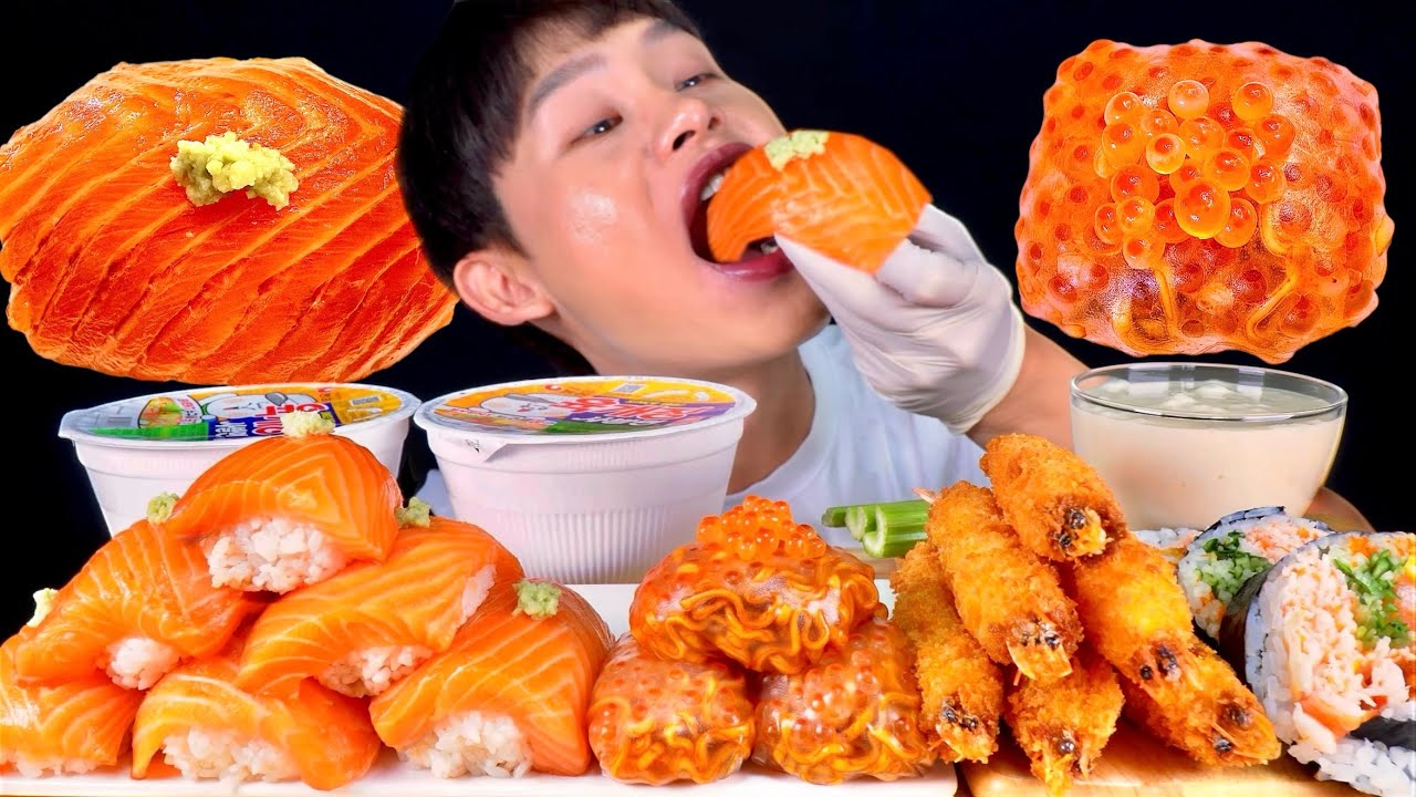ASMR 직접만든 대왕연어초밥 연어알 불닭쌈 대왕 후토마끼 얼큰 육개장 먹방~! Big Salmon Sushi With Spicy Salmon Egg Noodles MuKBang!