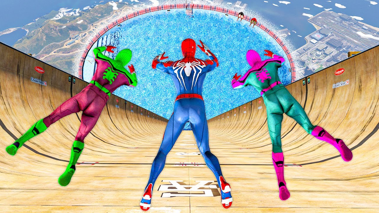 Team Spiderman Falling from Longest Ramp in GTA 5 - Jumping from Highest in GTA 5 😲 Water ragdolls