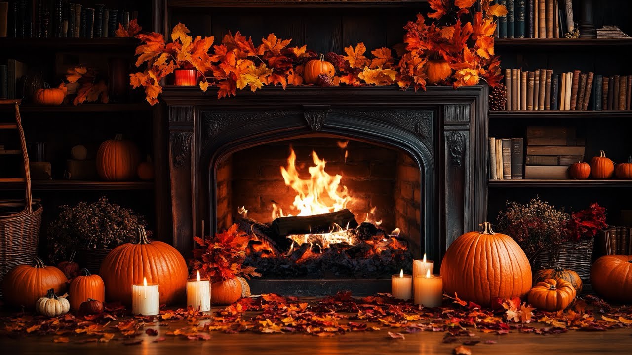 🍂 Cozy Autumn Fireplace Ambience | Pumpkins, Falling Leaves, Farmhouse & Crackling Fire ASMR
