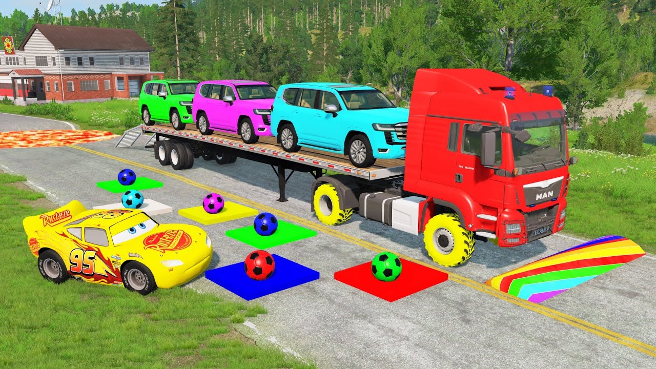 Flatbed Truck McQueen | Transportation with Truck - Pothole vs Car #72 | BeamNG.Drive Gameplay