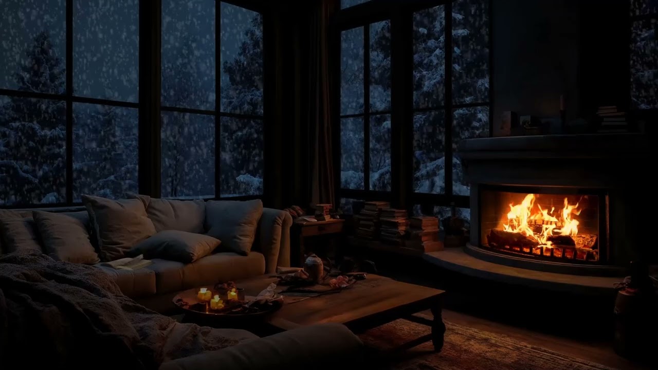 Peaceful Winter Escape: Gentle Snowfall and Cozy Fireplace Crackles for Total Relaxation