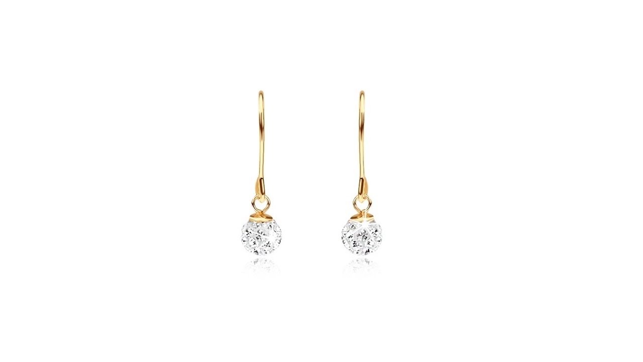 Jewellery - 375 gold dangling earrings - small glistening ball decorated with clear zircons