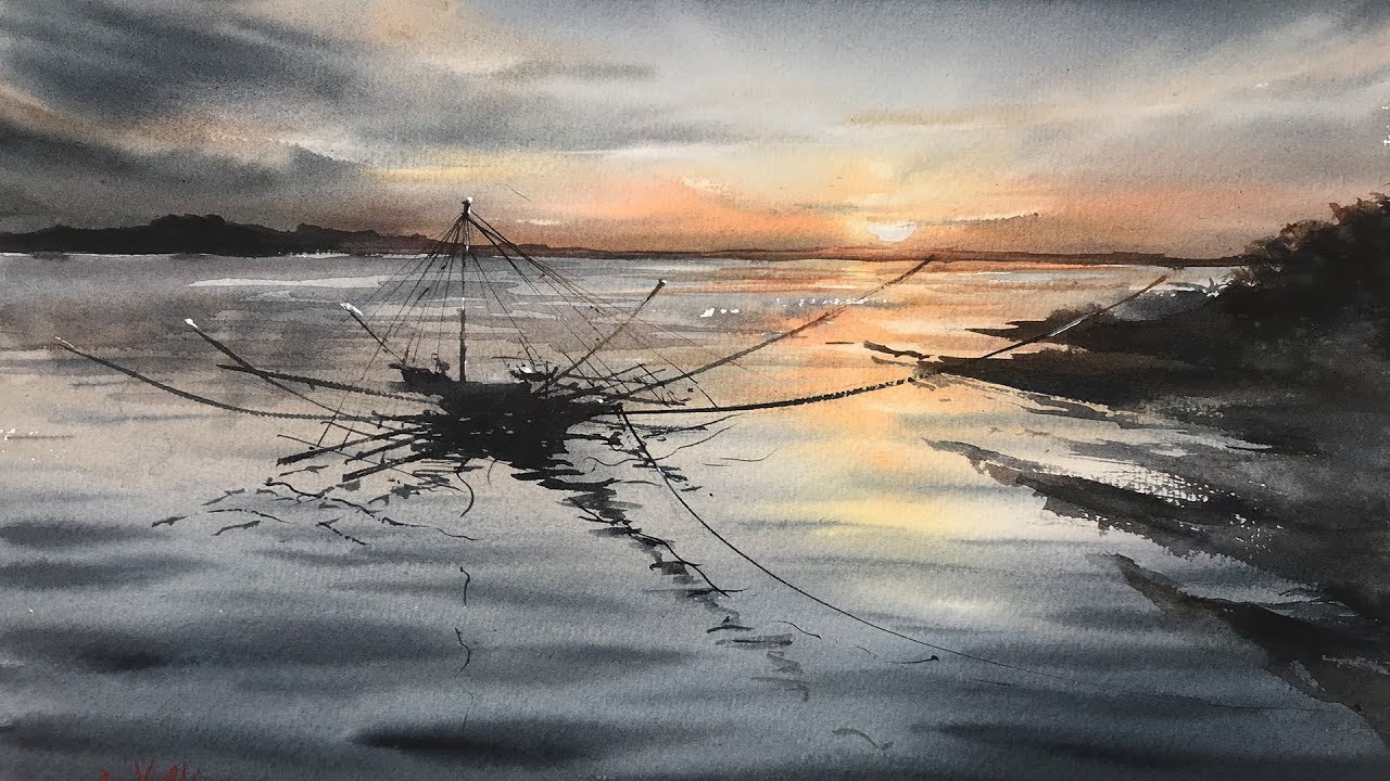 Watercolor Painting Sunrise Reflection on the Water | Painting Fishing Boat | by Nina Volk