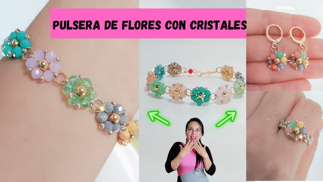 Cómo hacer pulsera de flores con cristales o perlas y mostacillas