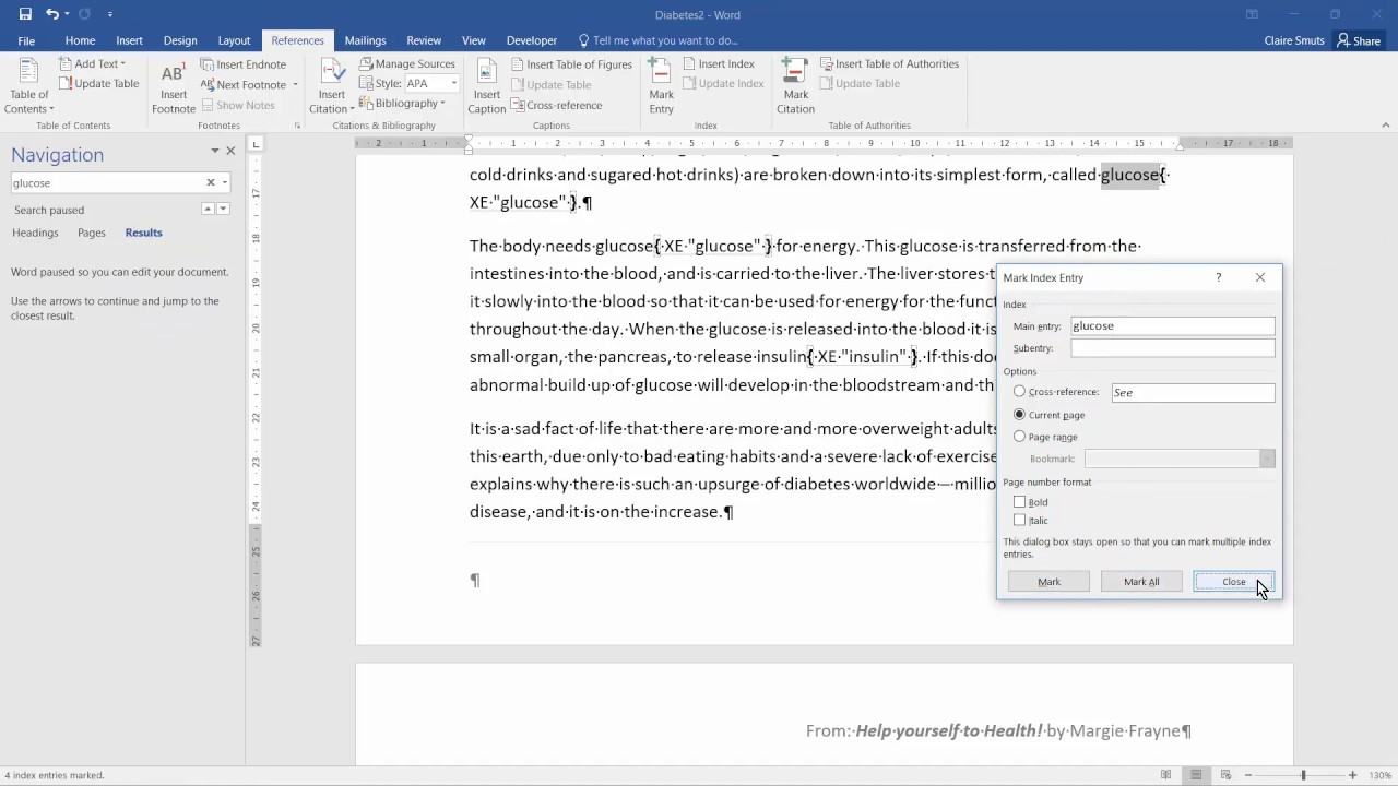 Index entries and creating an index