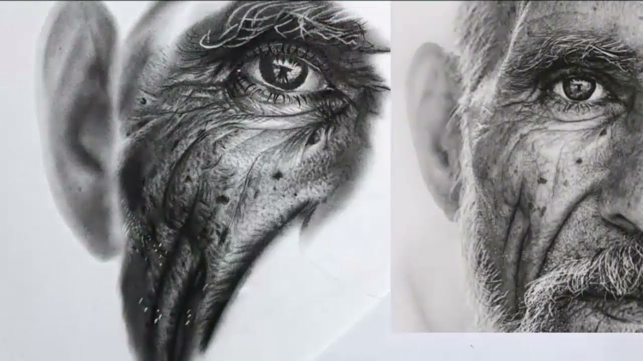 تعليم رسم البورتريه كامل بالفحم لرجل عجوز (كامل )
