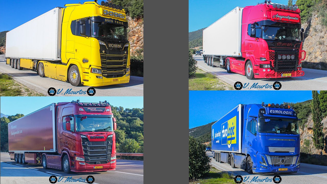 TRUCK SPOTTING IN GREECE #1 |-| DAY & NIGHT |-| SCANIA VOLVO DAF MAN MERCEDES TRUCKS FLYING BY