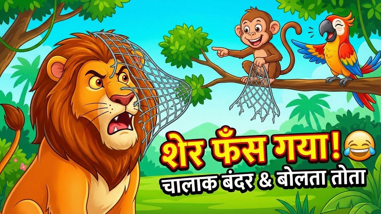 शेर फँस गया जाल में! 😂 चालाक बंदर और तोते की मजेदार कहानी
