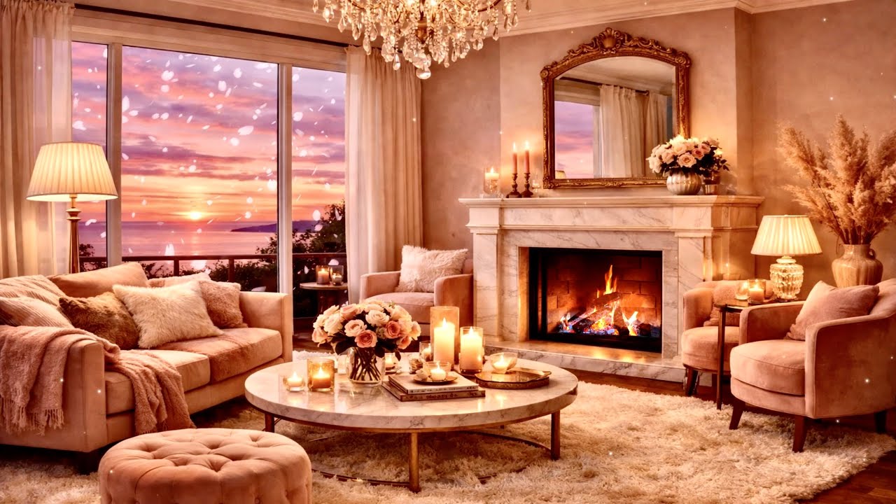 🌅 Dreamy Sunset View 🎷 Smooth Jazz Piano & Crackling Fireplace 💕 Cozy Pink Ambience