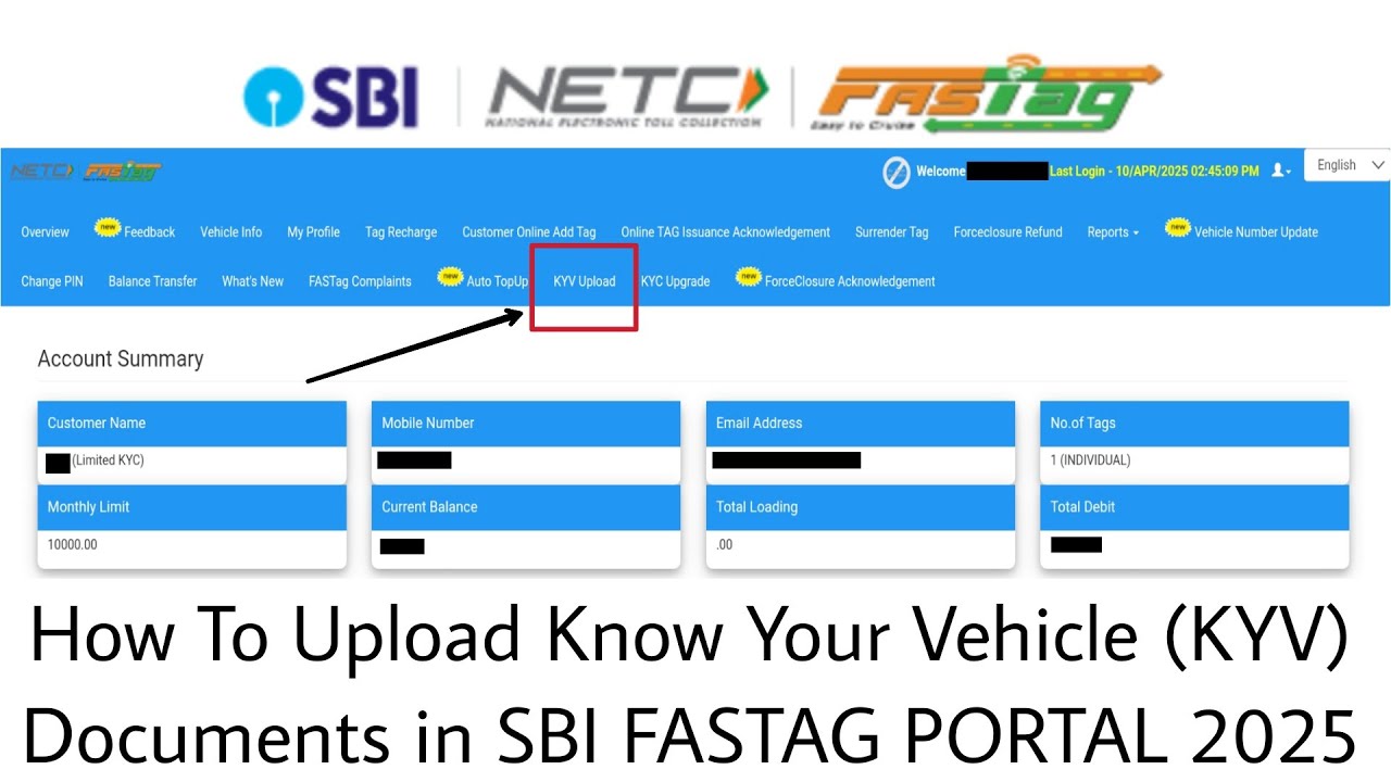 How To Upload Know Your Vehicle (KYV) Documents in SBI FASTAG PORTAL 2025