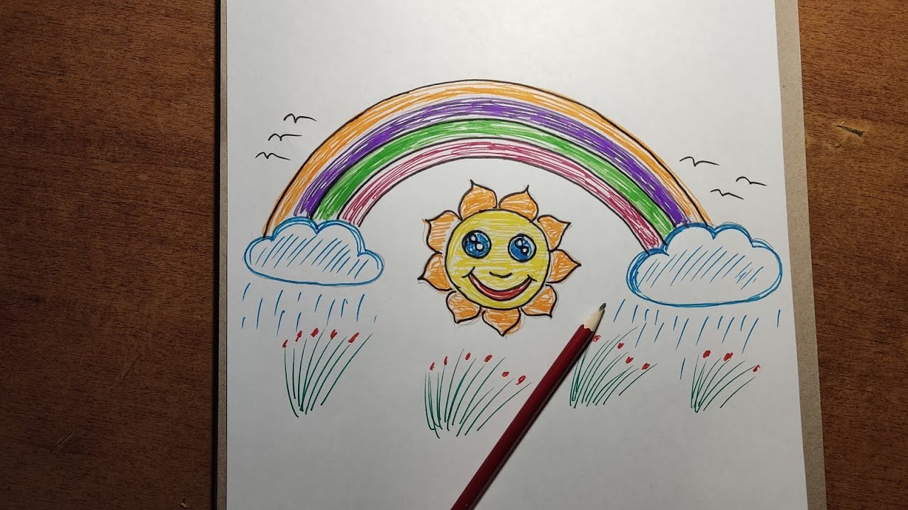 children draw a rainbow with a pencil, bolalar qalam bilan kamalak rasmini chizish,