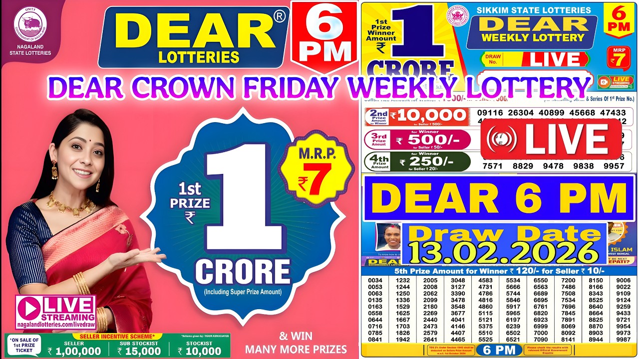 DEAR CROWN FRIDAY LOTTERY SAMBAD LIVE 6 PM 13.02.2026 LOTTERY RESULT LIVE SIKKIM LOTTERY LIVE