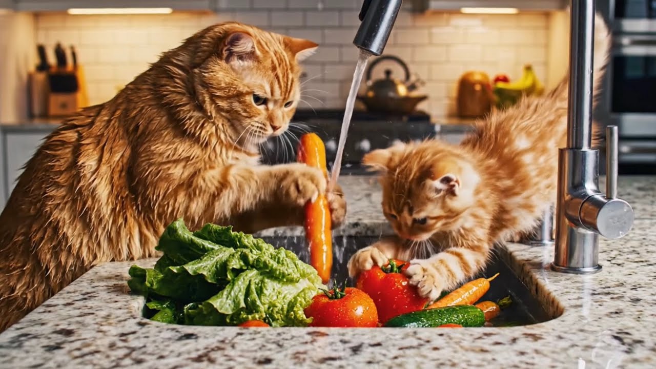 🐾🍳 watch how Mama Cat Teaches Her Kitten to Cook