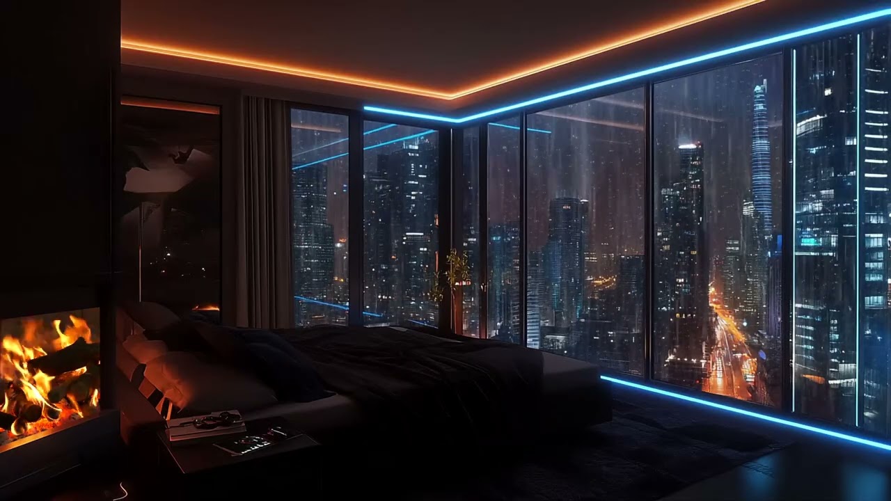 Cozy Apartment in the City with Rain and Fireplace Sounds for Sleep and Relax