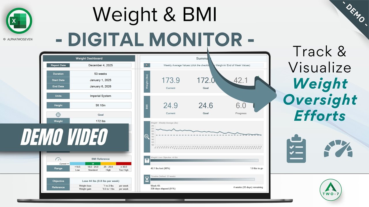 Track your weight and support your fitness transformation - Weight Monitor Demo - Excel Spreadsheet