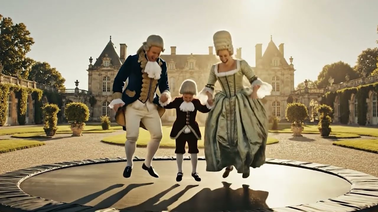 French family jumps on trampoline