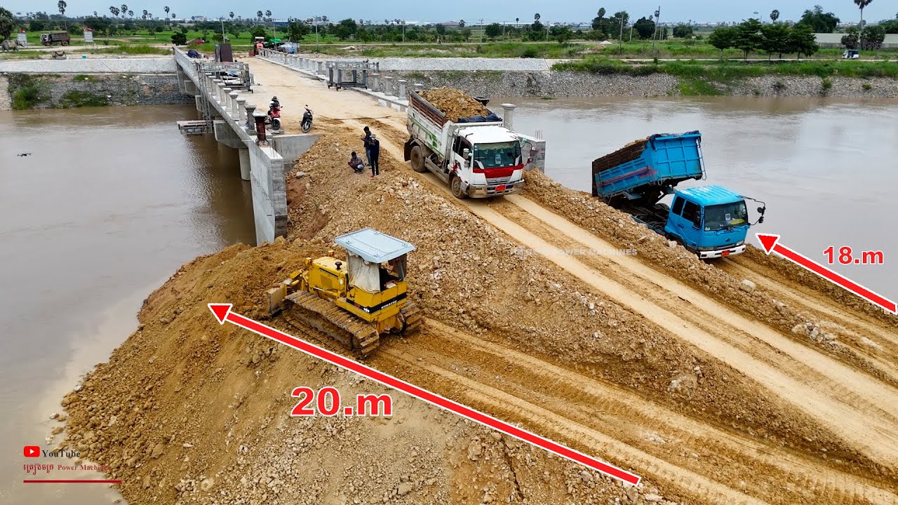 Nice Continue.!! Both Sides Construction Bridge Space Filling Us SoilsRock and Dozer Truck Dumping