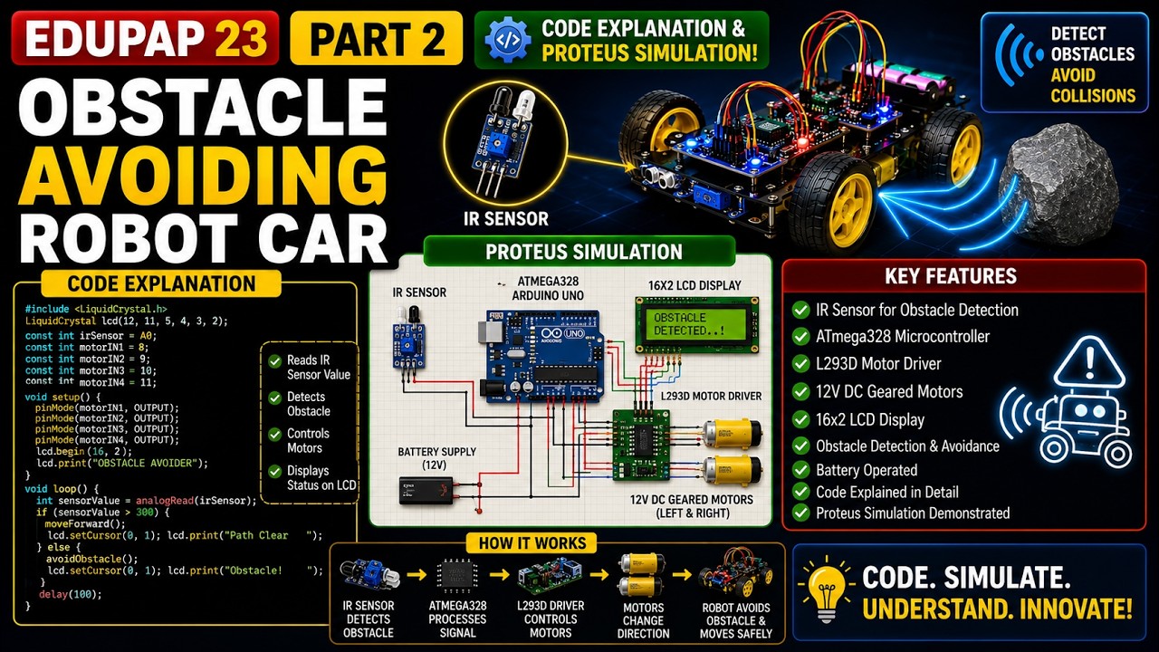 EDUPAP23 – Part 2  Obstacle Avoiding Robot Car – Code Explanation & Proteus Simulation