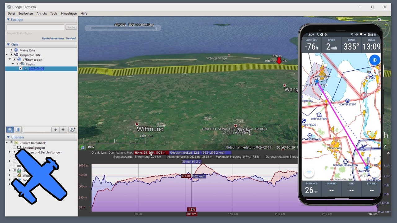 Flugaufzeichnung in Google Earth anzeigen lassen | VFRnav v3 | Flugbuch | KML/GPX Export