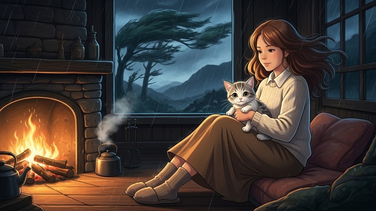 Cozy Rainy Evening with a Lost Kitten 🌧️ Warm Fireplace & Homemade Soup | Ghibli-Style ASMR